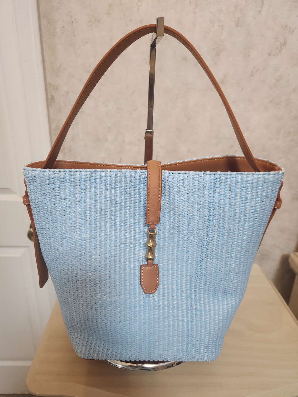 J. McLaughlin Light Blue Straw Tote with Tan Trim